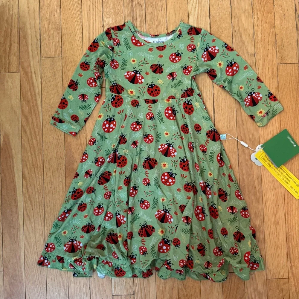 Pure Bambinos Girls Green Ladybug Bamboo‎ Viscose Twirl Dress Size 7Y NWT